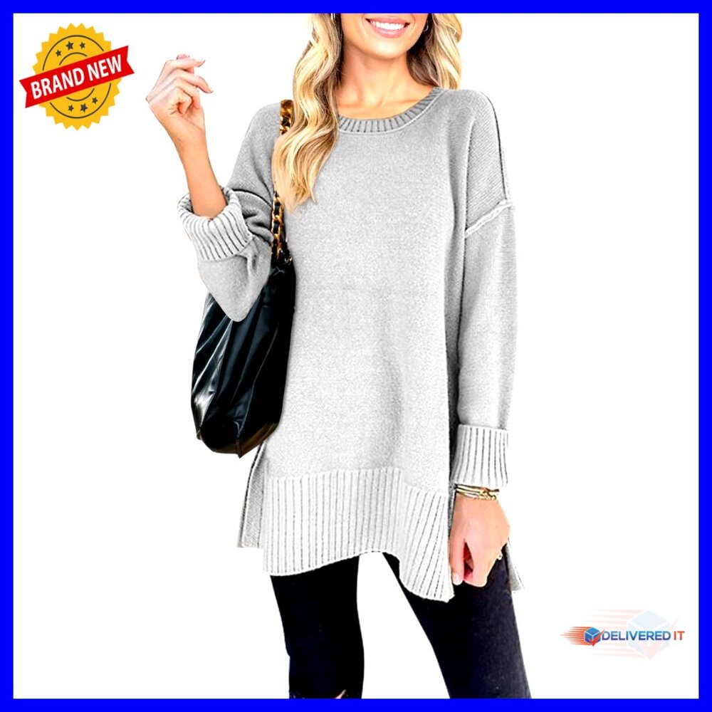 Oversized Pullover Sweater Tunic Length Side Split Loose Fit Casual Chic